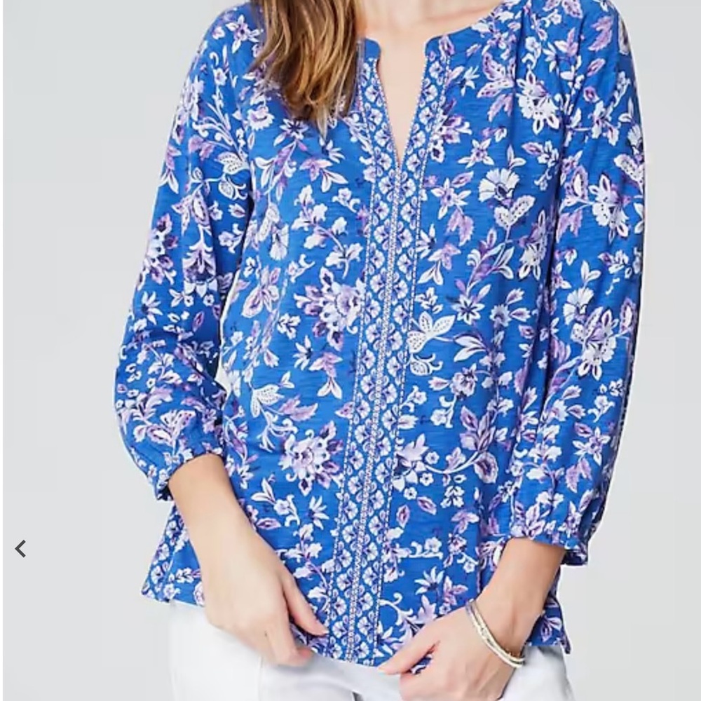J. Jill Border Printed Floral 3/4 Sleeve Top Size M Cottagecore Boho